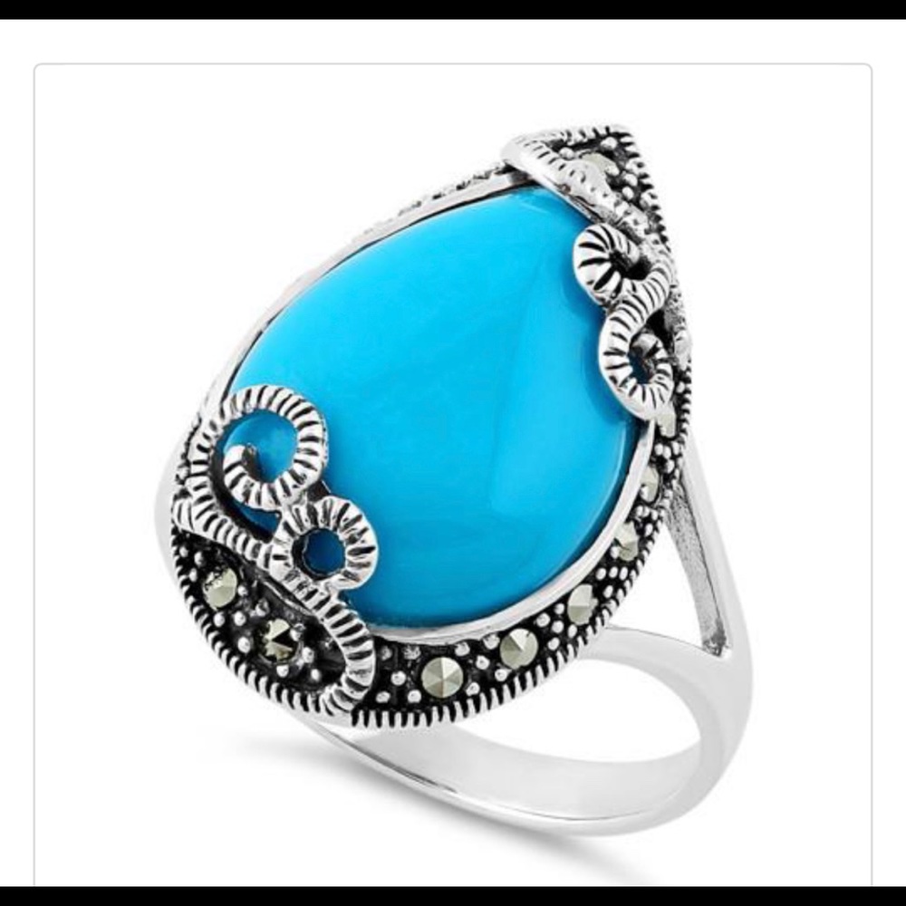 Sterling Silver Simulated Turquoise Marcasite Ring